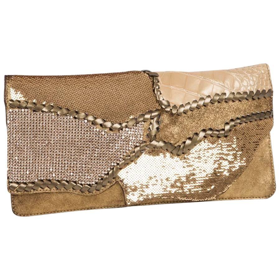 BALMAIN Evening Clutch in Golden Quadri-Fabrics For Sale