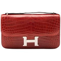 Hermès Rouge Porosus Crocodile H Constance Elan Shoulder Bag 8
