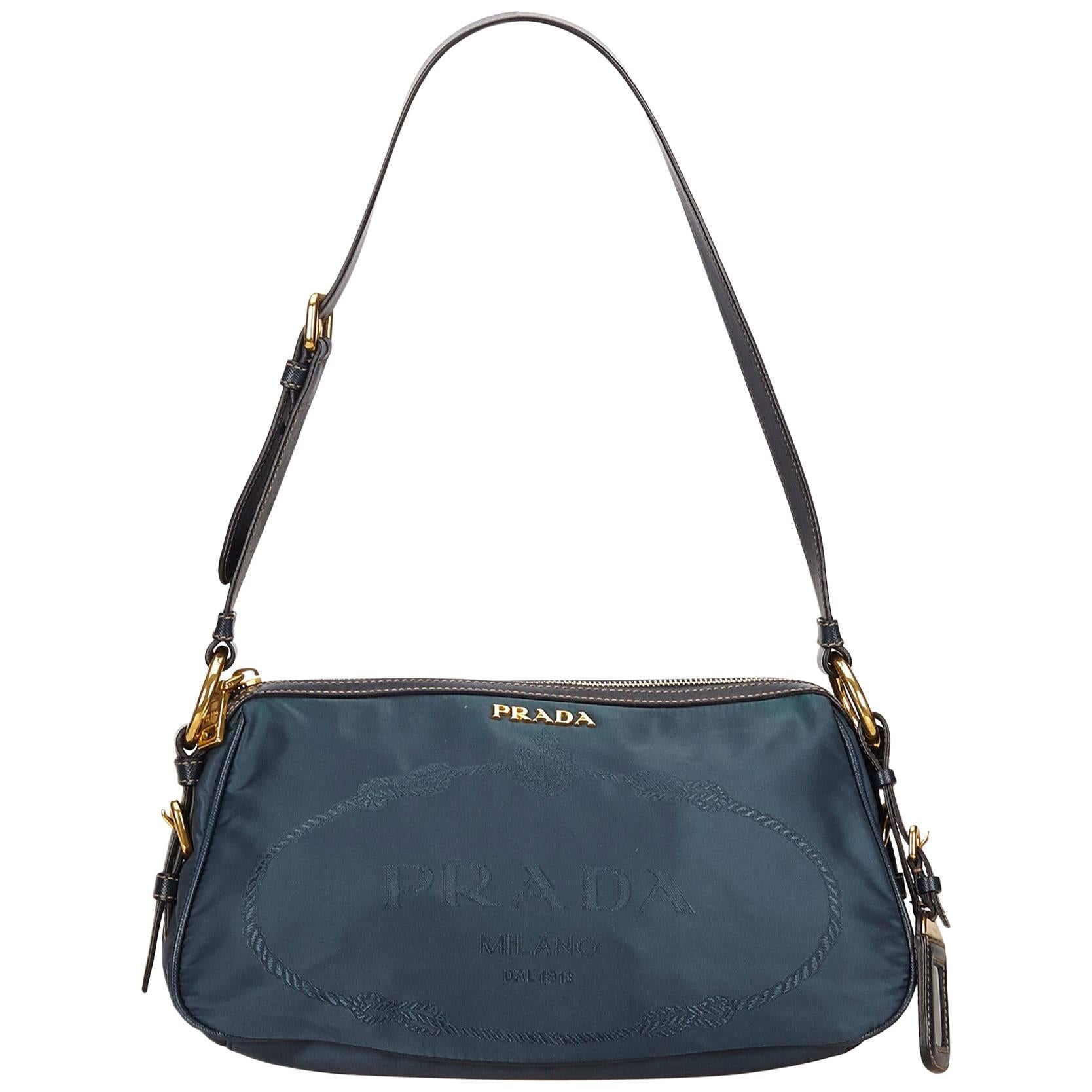 Blue Prada Nylon & Leather Shoulder Bag