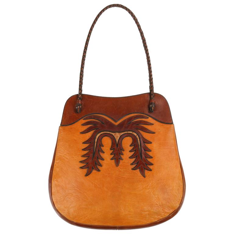 WYLY'S c.1970's Leather and Ostrich Handcrafted Southwestern Shoulder