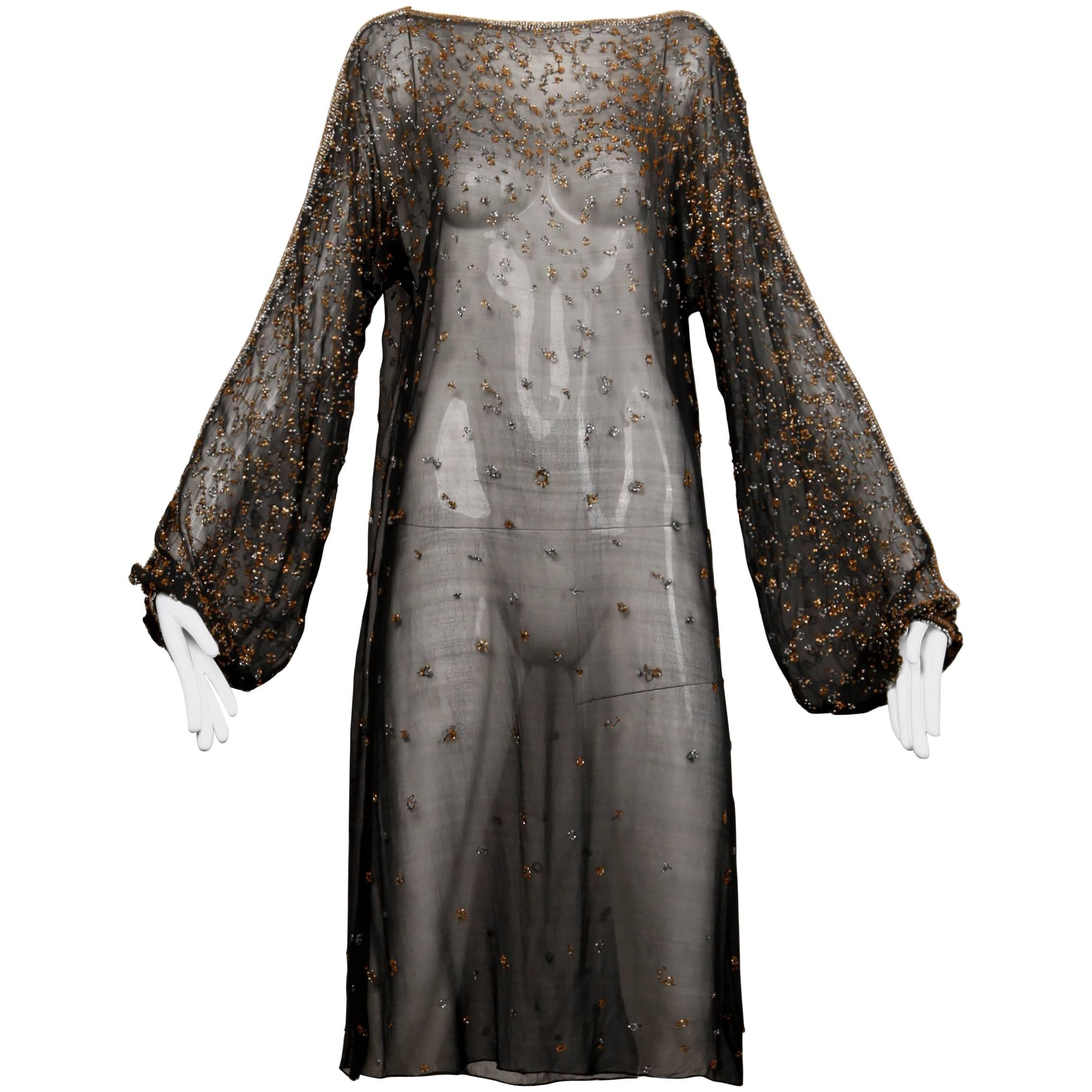 1970s Halston Vintage Black Sheer Silk Metallic Silver + Gold Beaded Dress