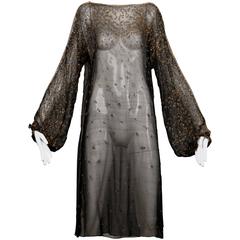 1970s Halston Retro Black Sheer Silk Metallic Silver + Gold Beaded Dress