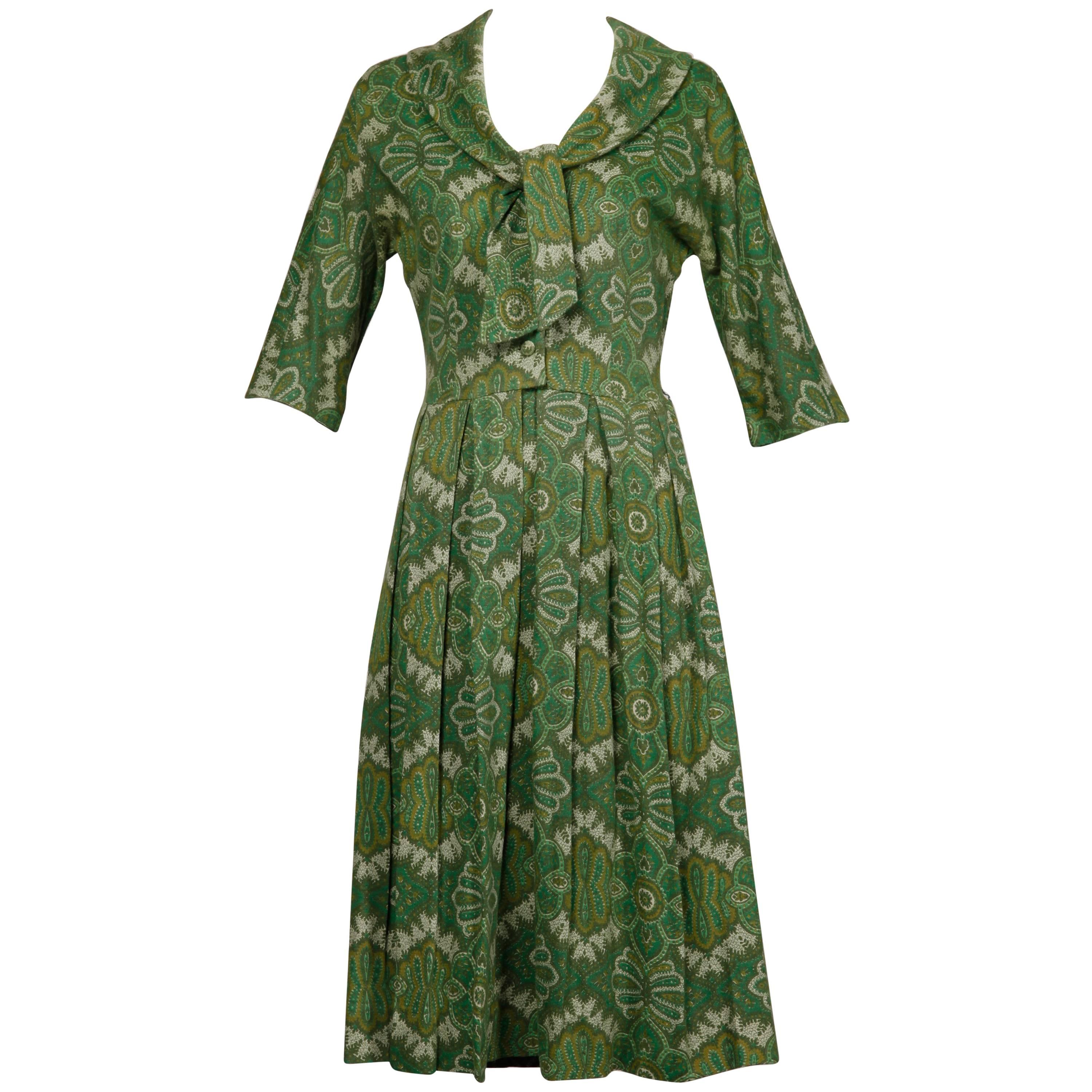 1950s Jerry Gilden Vintage Green Paisley Wool Pleated Dress with Ascot Tie
