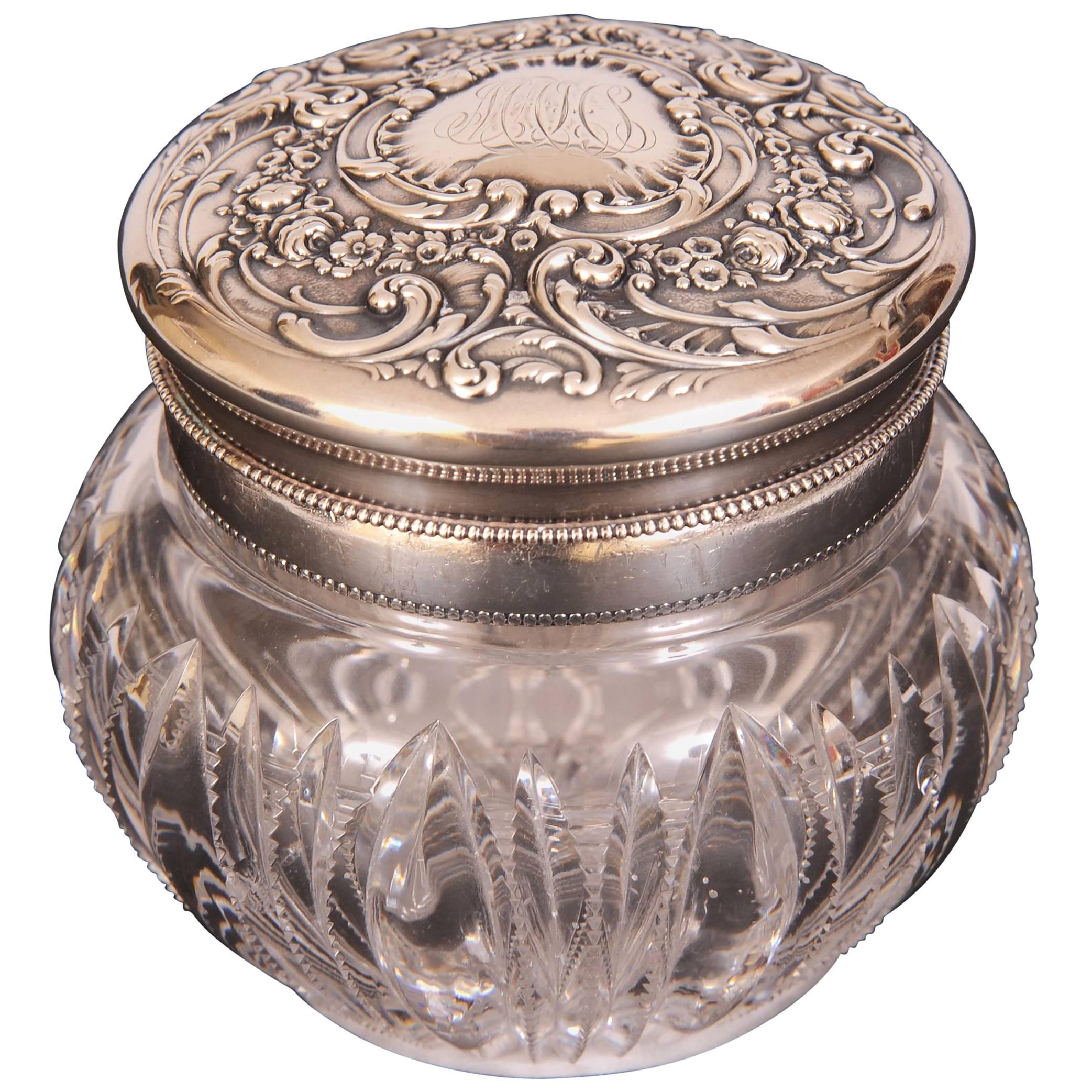 Sterling Silver and Cut Glass Oversized Dresser Jar with Powder Puff Holder For Sale