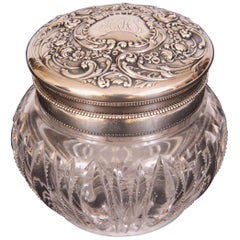 Sterling Silver and Cut Glass Oversized Dresser Jar with Powder Puff Holder