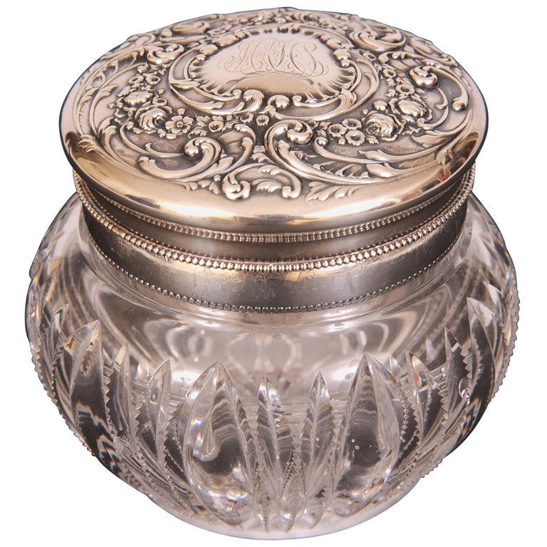 Sterling Silver and Cut Glass Oversized Dresser Jar with Powder Puff
