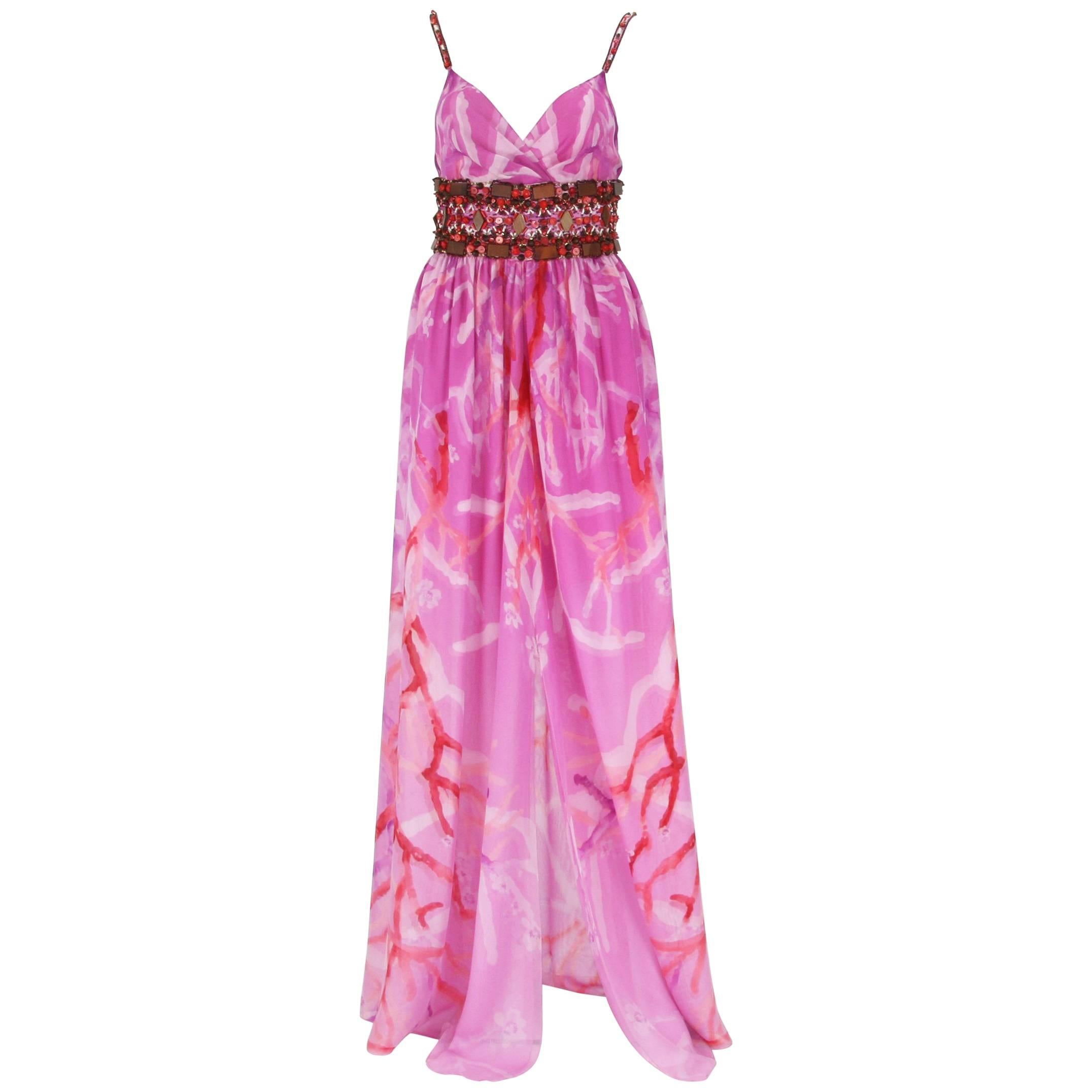  Oscar de la Renta Resort 2006 Silk Coral Print Embellished Maxi Dress US 6 For Sale