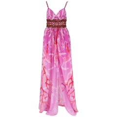  Oscar de la Renta Resort 2006 Silk Coral Print Embellished Maxi Dress US 6