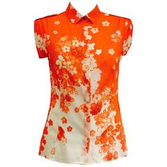 Vibrant Versace Orange Top with White and Orange Flowers 6