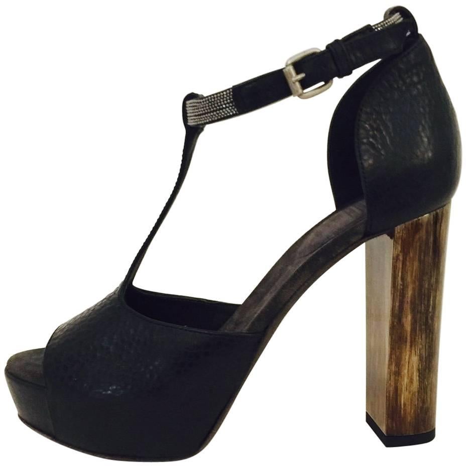 Bellisima Brunello Cucinelli Black Leather High Heel Sandals with Ankle Strap For Sale