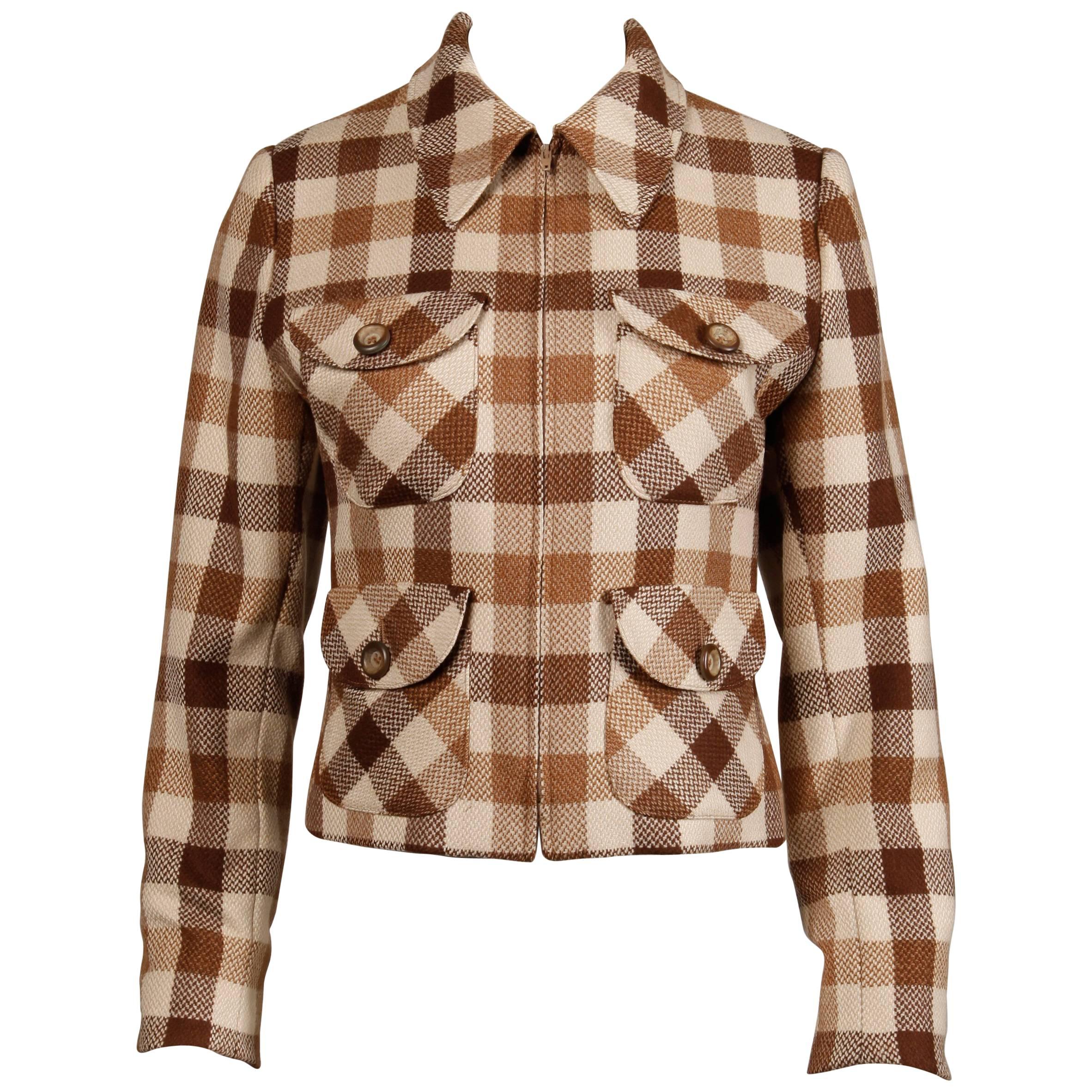 1970s Valentino Vintage Brown Wool Plaid Jacket For Sale