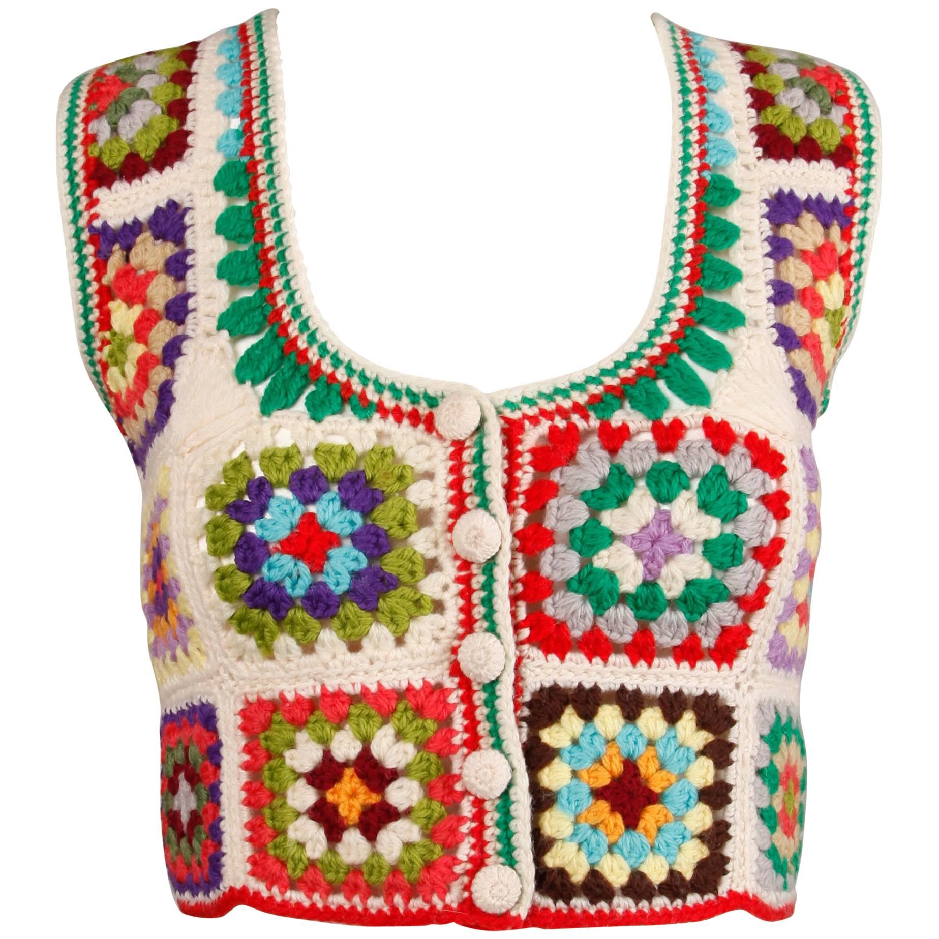 Adolfo Colorful Vintage Wool Granny Squares Hand Crochet Vest Top, 1970s 