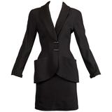 1980s Thierry Mugler Vintage Black Wool Jacket + Skirt Suit 2-Pc Ensemble