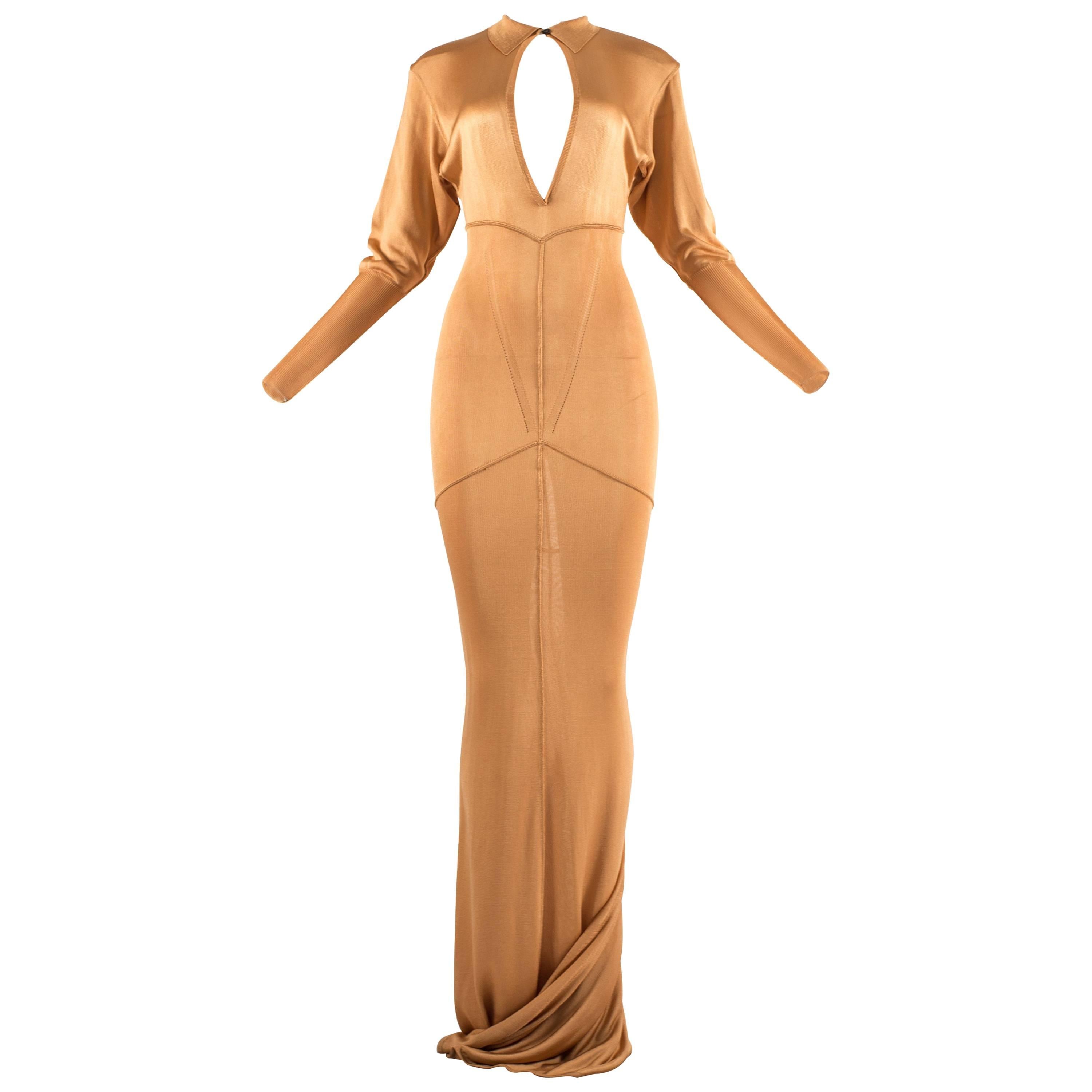 Alaia Autumn-Winter 1986 apricot acetate knit evening gown with train