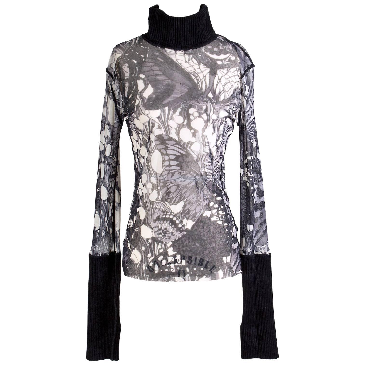 Jean Paul Gaultier Printed Mesh Turtleneck Top w/ Knit Collar/Cuffs circa 2000s