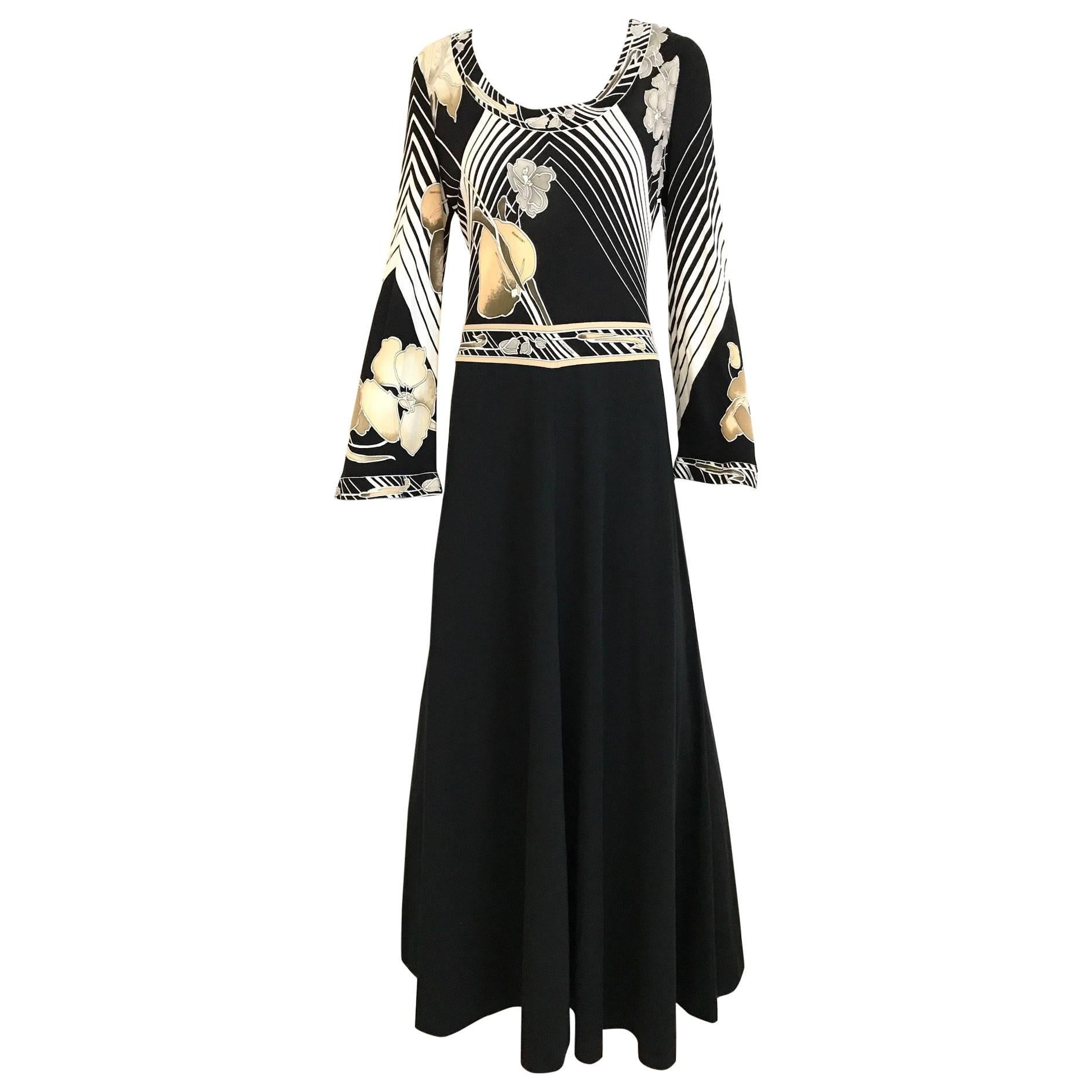 1970s Leonard Floral Print Black and White Jersey Maxi Dress