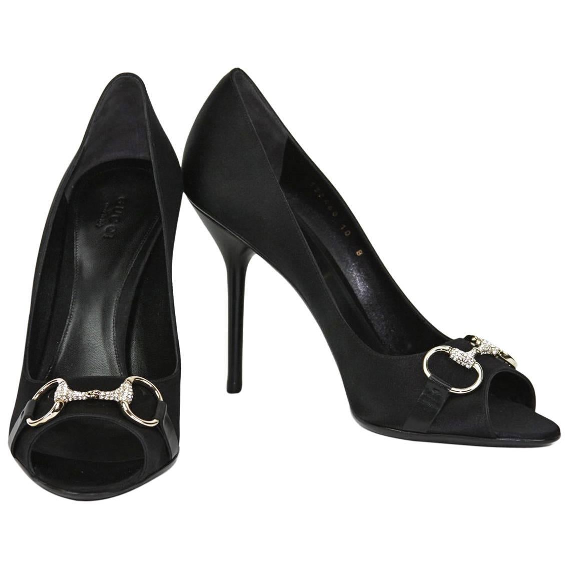 New GUCCI Hollywood Swarovski Crystals Black Satin Shoes Pump Heel It 39.5 9.5 at 1stDibs