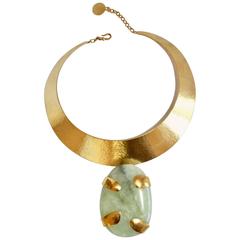 Herve van der Straeten Gilded Brass Torque Necklace with Jade Pendant
