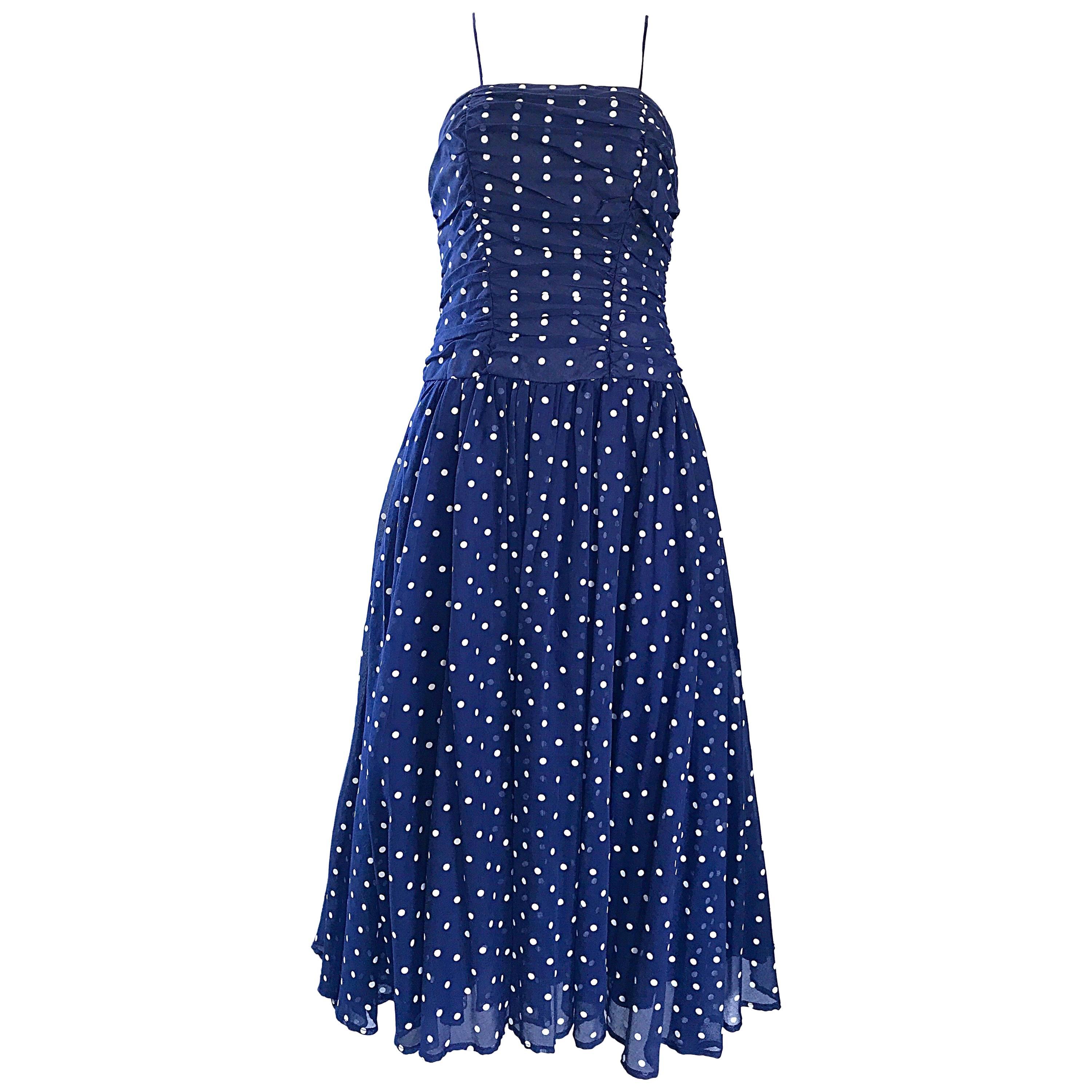 Chic Vintage Navy Blue and White Hand Painted Polka Dot Sleeveless Ruched Dress For Sale