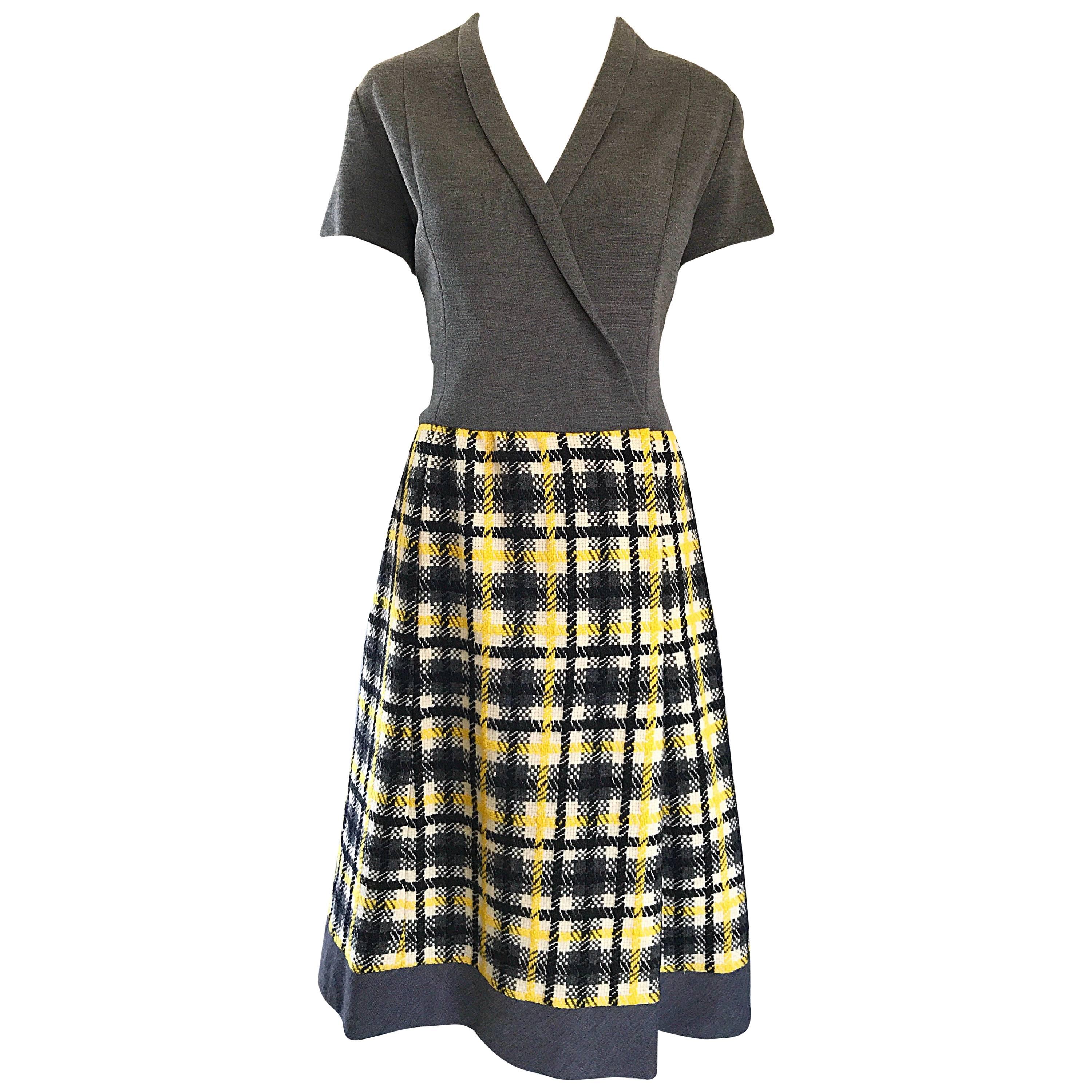 1960s Yellow, Gray, Black, White Wool Plaid Vintage 60s Wrap Style A Line Dress For Sale