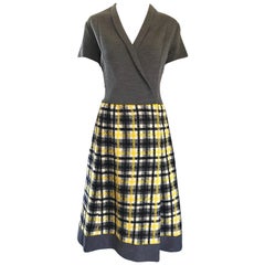 1960s Yellow, Gray, Black, White Wool Plaid Vintage 60s Wrap Style A Line Dress