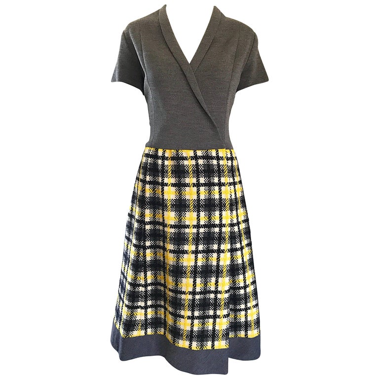1960s Yellow, Gray, Black, White Wool Plaid Vintage 60s Wrap Style