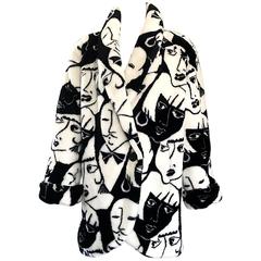 Rihanna's Rare Vintage Picasso Esque Face Print Black and White Faux Fur Jacket