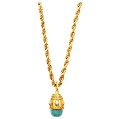 Aventurine and Pearl  pendant with long chain.