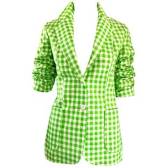 1970s Larry Levine Lime Green + White Gingham Vintage Fitted 70s Blazer Jacket