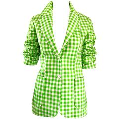 1970s Larry Levine Lime Green + White Gingham Vintage Fitted 70s Blazer Jacket 2