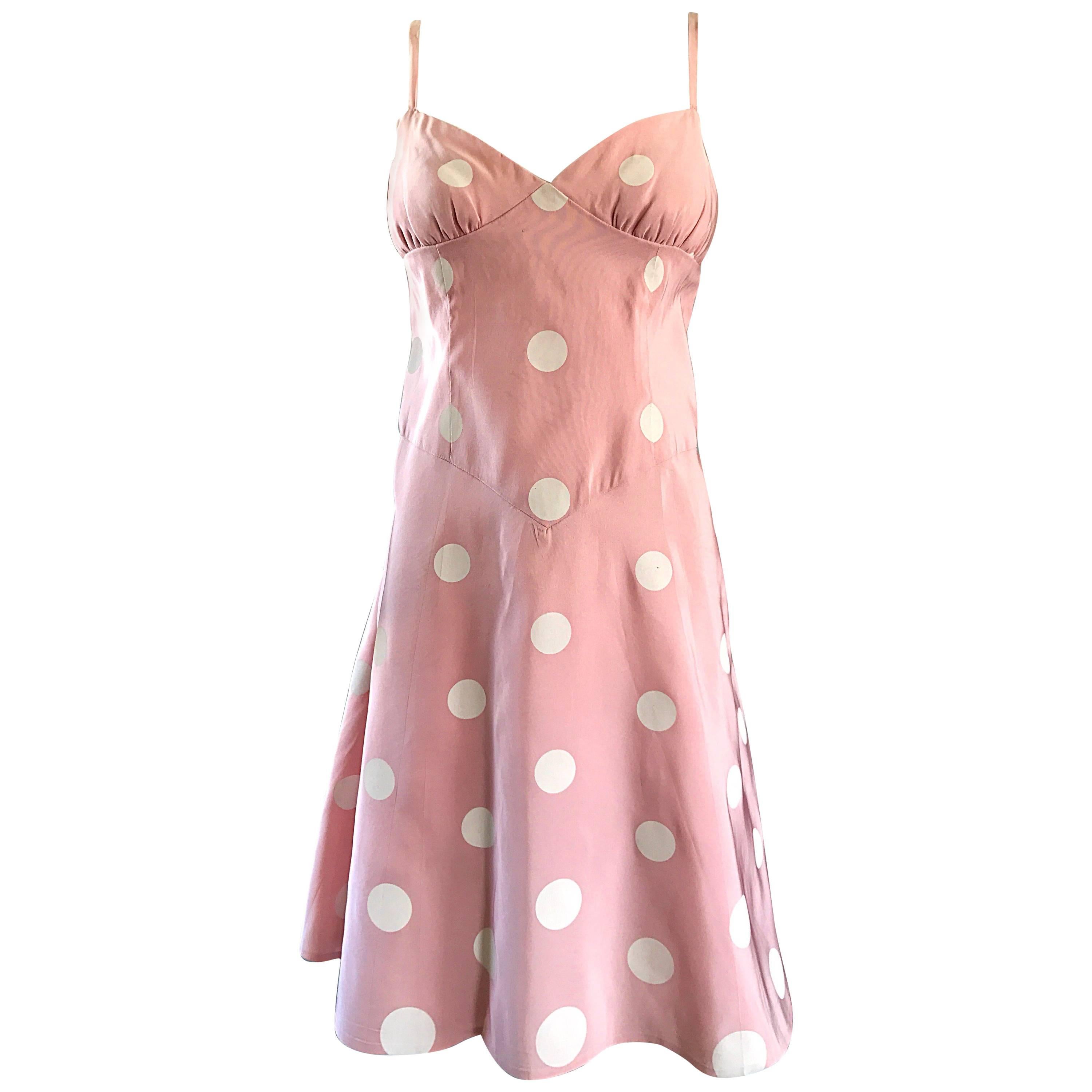 Bill Blass Pink White Polka Dot Hand Painted Fit and Flare Vintage Dress, 1990