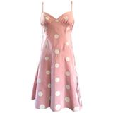 Bill Blass - Robe vintage ajustée et évasée à pois rose et blanc, peinte à la main, 1990