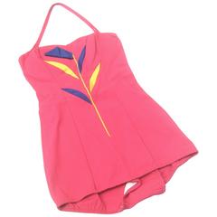 Late 1950's Rose Pink Pin Up Style Swimsuit with Floral Applique. 1