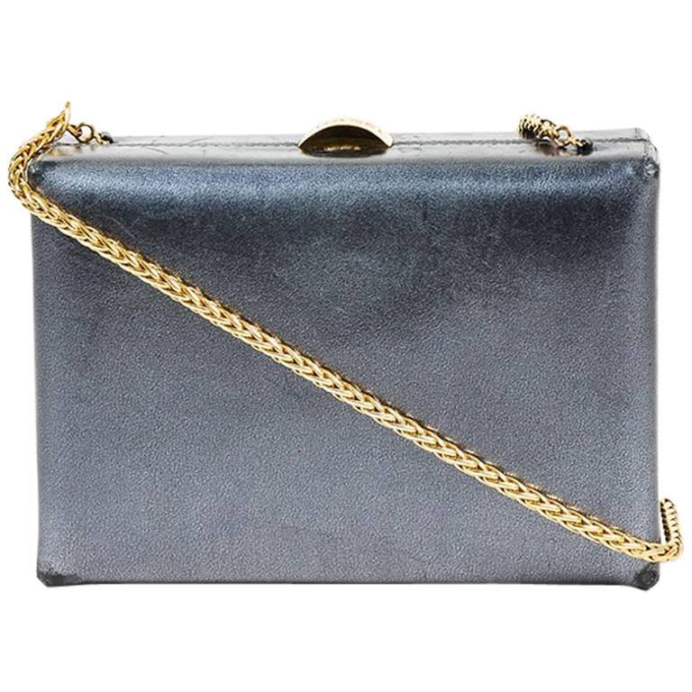 Chanel Metallic Gray & Gold Tone Leather Chain Strap Box Shoulder Bag For Sale