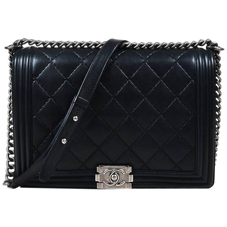 Chanel Black Leather Quilted Chain Strap Large "Boy" Flap Shoulder Bag For Sale
