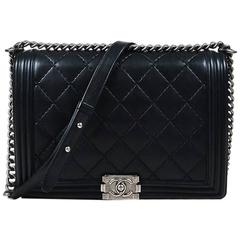 Chanel Black Leather Quilted Chain Strap Large "Boy" Flap Shoulder Bag