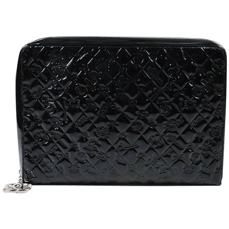 Chanel Black Embossed Patent Leather Quilted "Lucky Symbols" Zip Portfolio Case For Sale