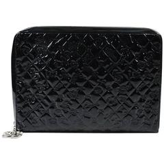 Chanel Black Embossed Patent Leather Quilted "Lucky Symbols" Zip Portfolio Case