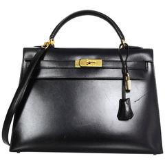 Hermes 1994 Vintage Black Box Leather 32cm Rigid Sellier Kelly Bag w/ Strap 1