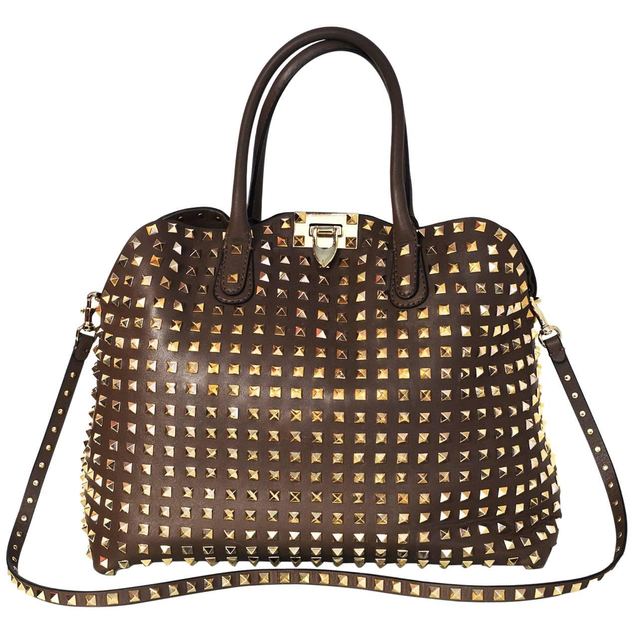 Valentino Taupe Leather Rockstud Dome Double Handle Bag rt. $2, 875