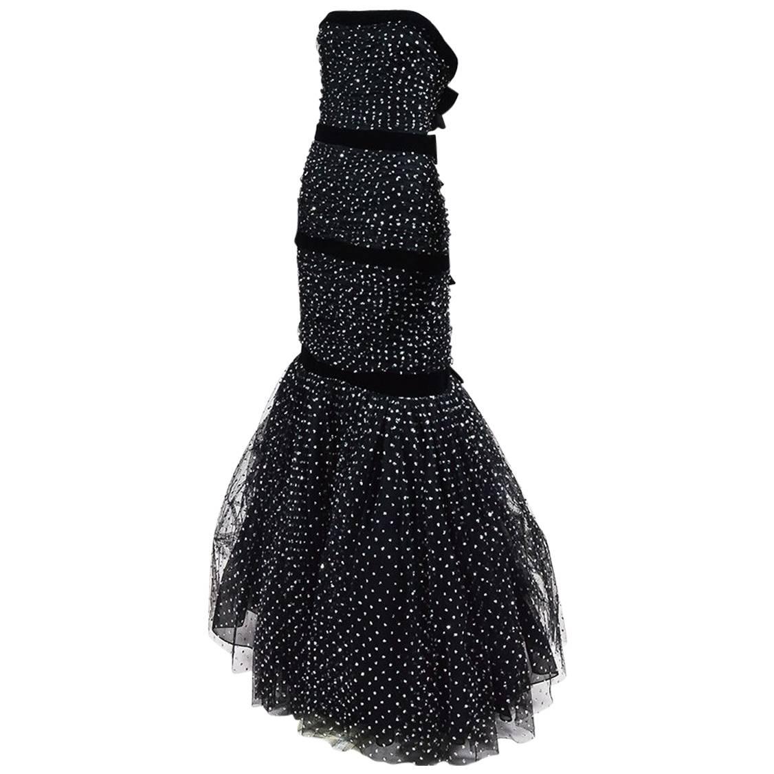 Oscar de la Renta Black Tulle & Velvet Glitter & Bow Embellished Gown SZ 8 For Sale