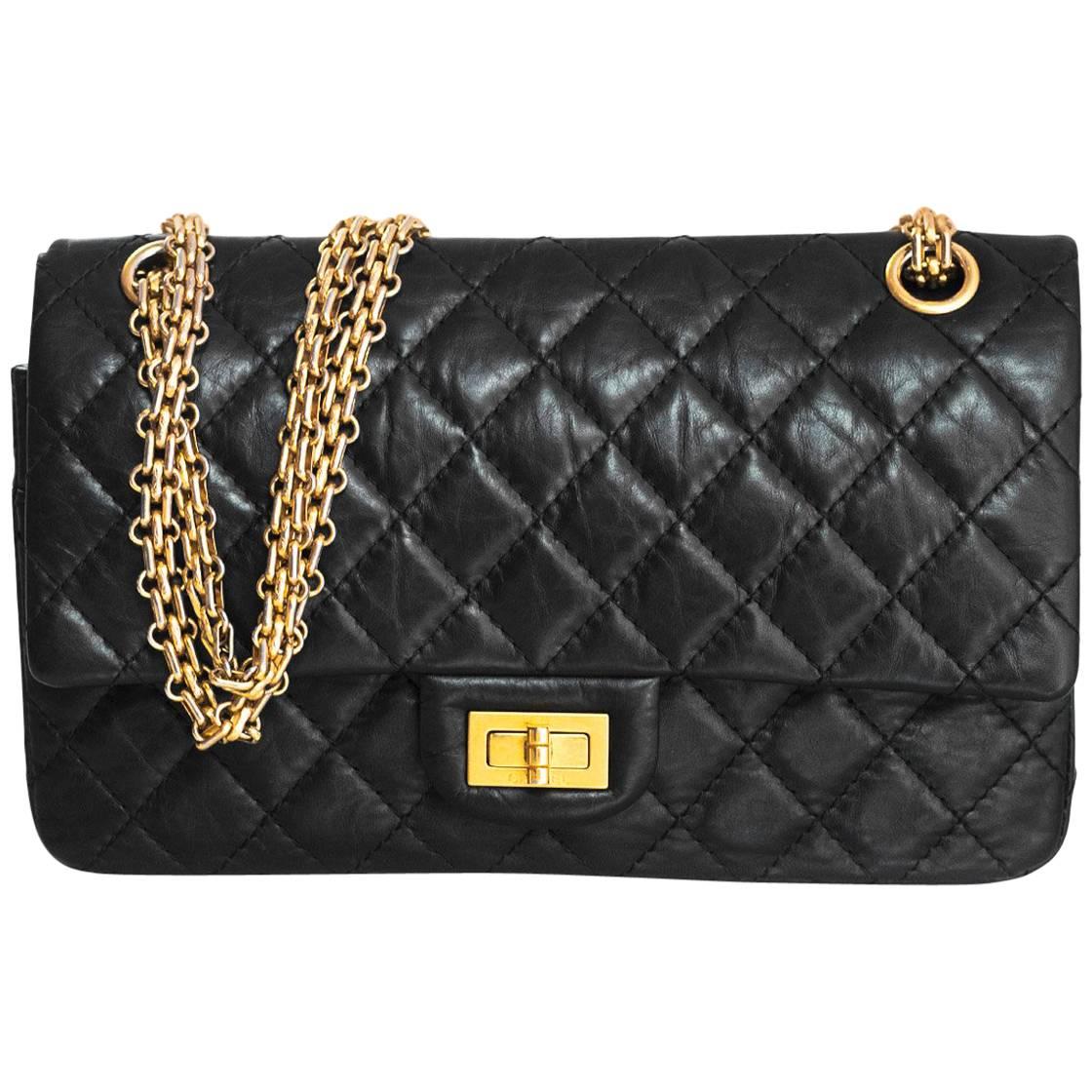 Chanel Black Calfskin Leather 2.55 Reissue 225 Double Flap Classic Bag