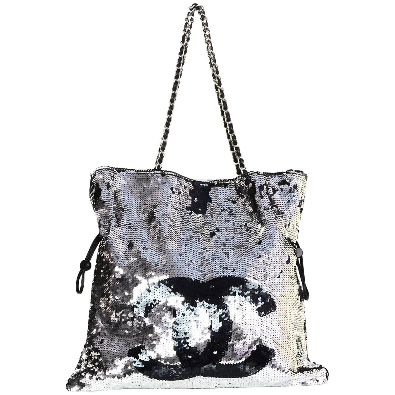 Chanel Silver and Black Sequined Summer Nights CC Tote Bag