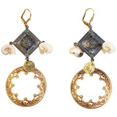 Gold Plated and Gunmetal Drop Earrings with Shells 1