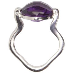 Modernist Solitaire Amethyst Sterling Silver and Rhodium Statement Ring