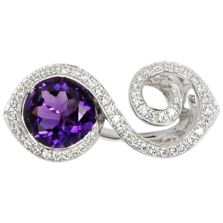 Toi et Moi Bypass Amethyst CZ Sterling Silver Rhodium Crossover Ring For Sale