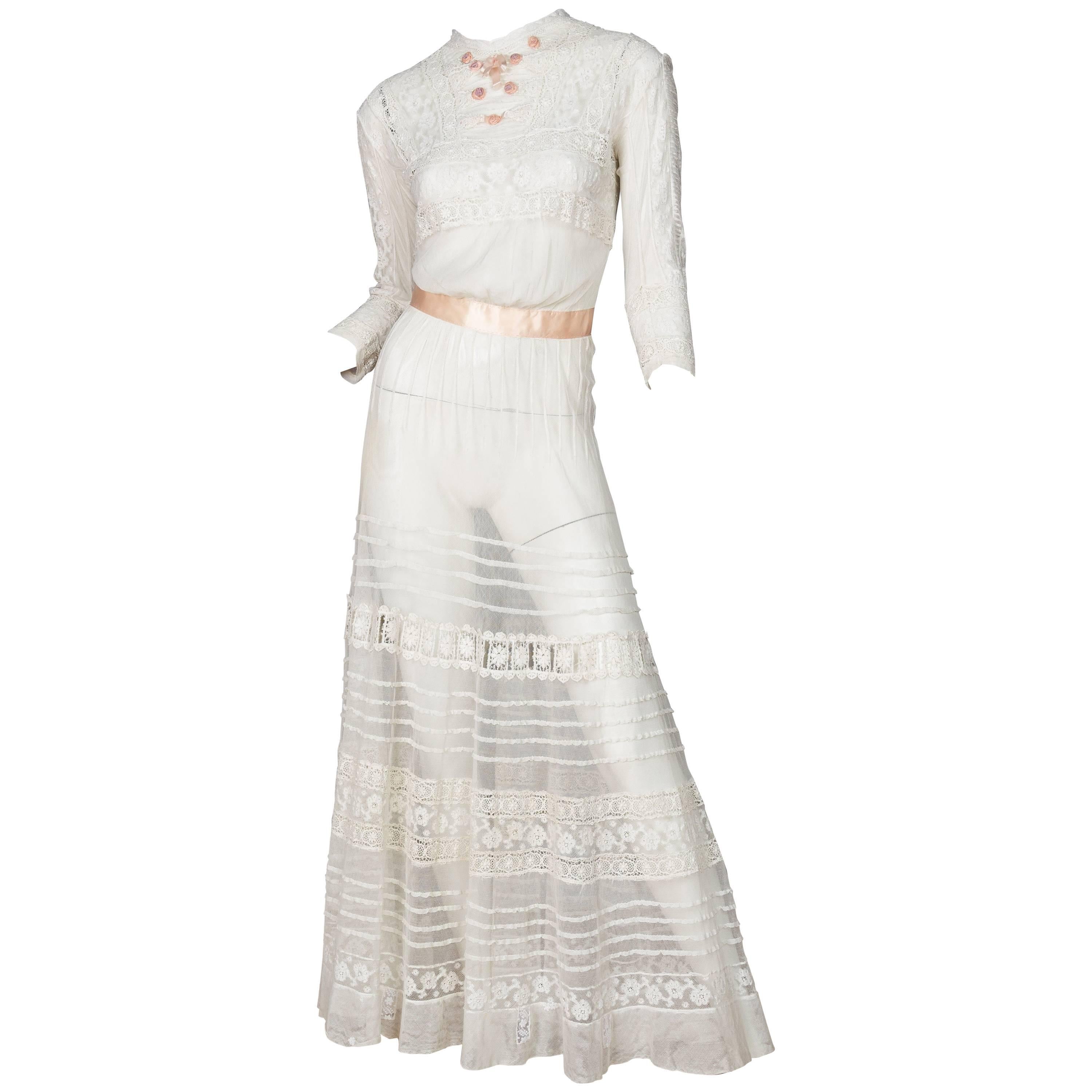 1900S Ivory Cotton Tulle & Lace Antique Tea Dress With Exceptional Detailing For Sale