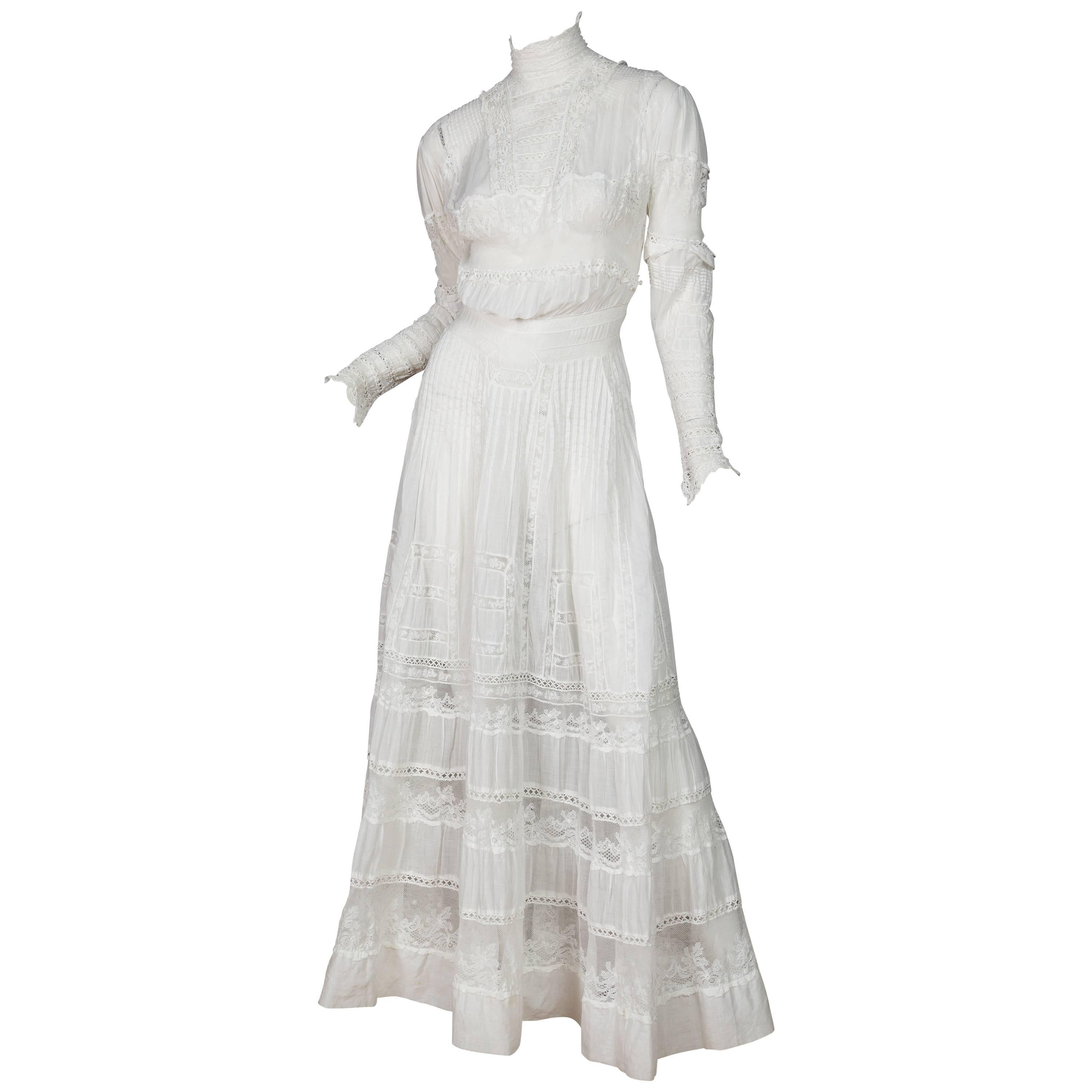 Circa 1900 Victorian Lace and Cotton Tea Dress