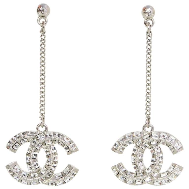 Chanel Pave Crystal CC Drop Pierced Earrings