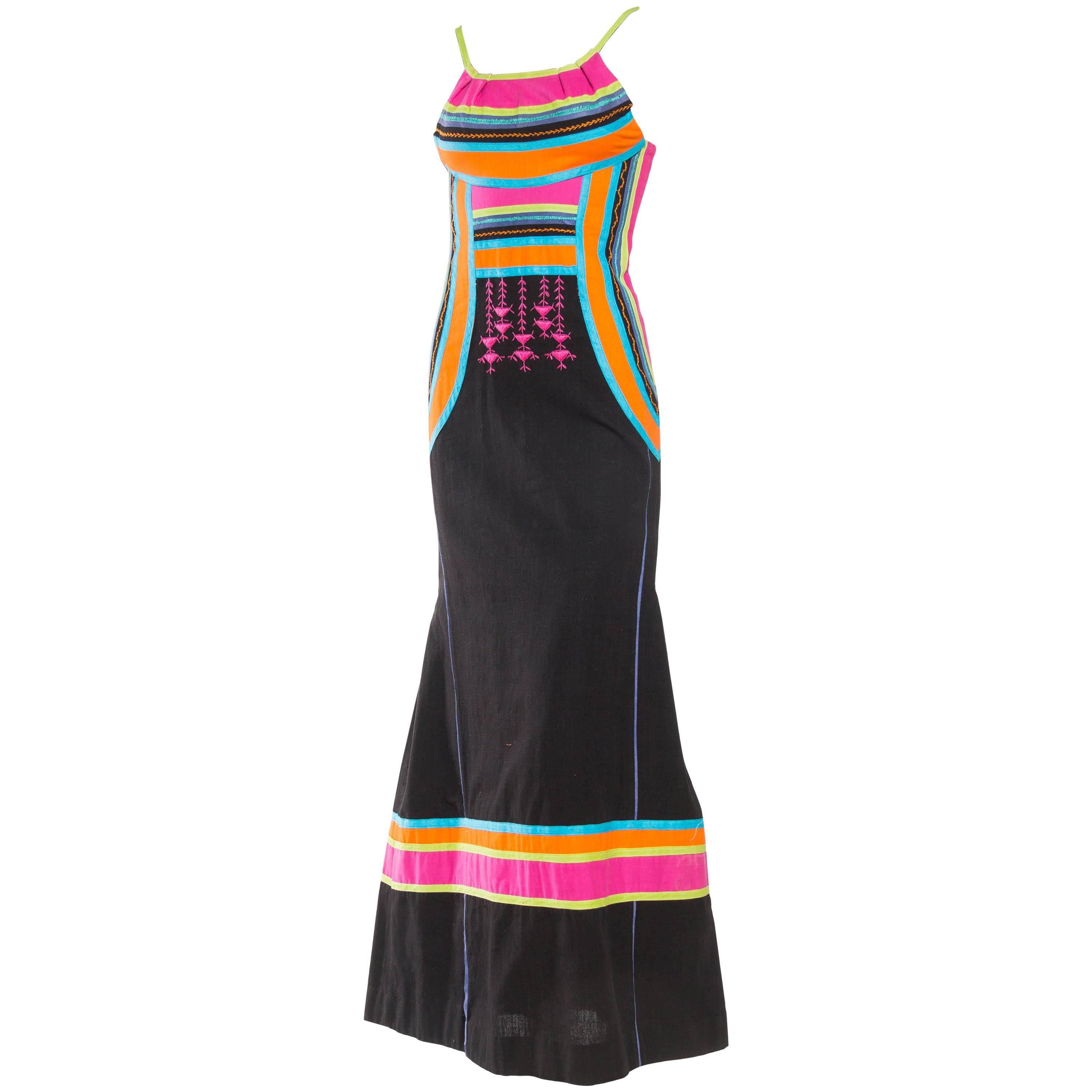 MORPHEW COLLECTION Black Cotton Maxi Dress With Neon Appliqué & Embroidery For Sale